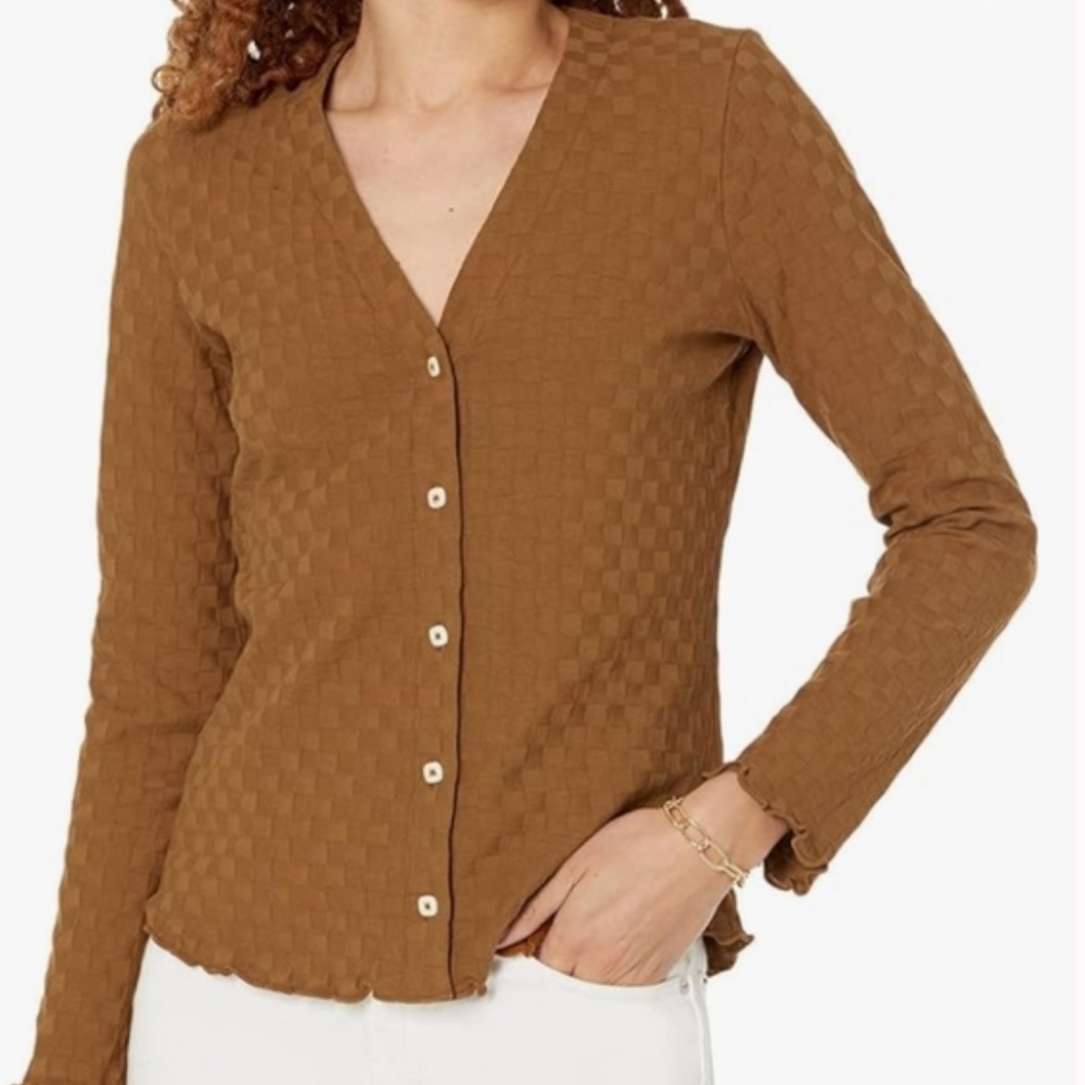 Madewell V-neck Cardigan Checkered Jacquard Cardigan Brown Button-Up Women's Top